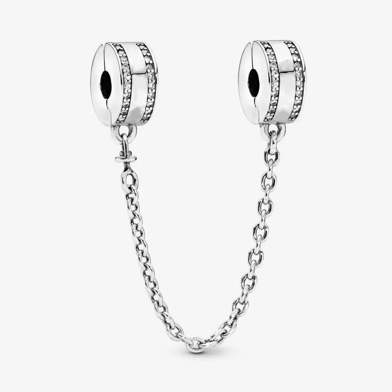 Silver 925 Clear Sparkle Flower Safety Chain Charm Bead for Pan Bracelet DIY