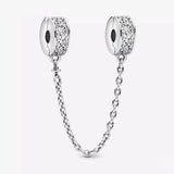 Silver 925 Clear Sparkle Flower Safety Chain Charm Bead for Pan Bracelet DIY