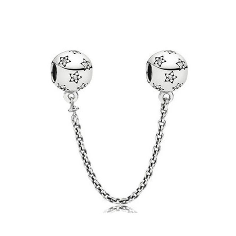 925 Silver Clear Sparkle Safety Chain Charm Bead for Bracelet DIY Jewelry