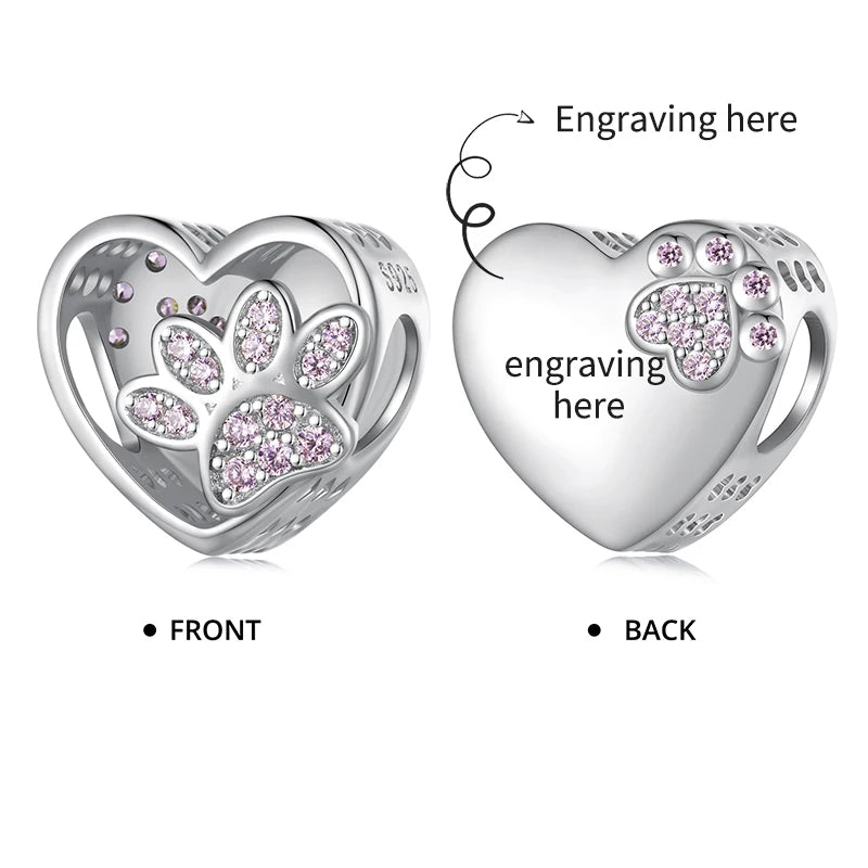 925 Sterling Silver Engraved Name Charm Bead Pet Heart Dangle Bracelet Jewelry