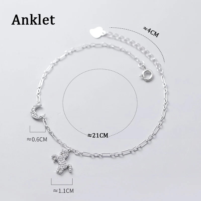 Silver 925 Unicorn Anklet For Women Moon Foot Bracelet On the Leg Jewelry