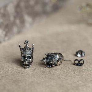 Skull King Crown Stud Earrings Vintage Style Silver 925 Women's Jewelry