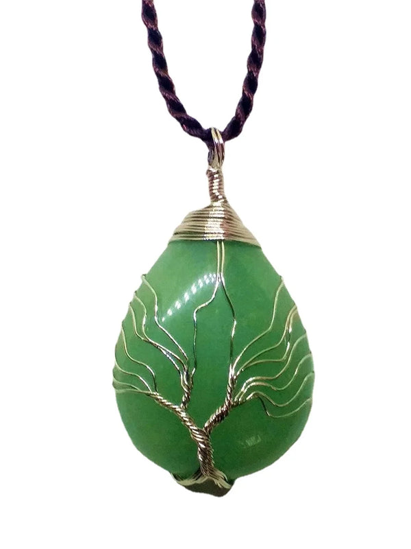 Silver Amethyst Green Jade Tree of Life Pendant Necklace
