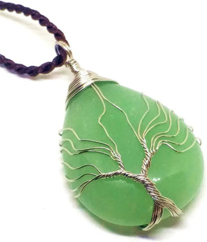 Silver Amethyst Green Jade Tree of Life Pendant Necklace