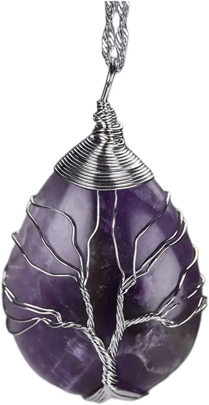 Silver Amethyst Jade Tree Of Life Pendant Necklace