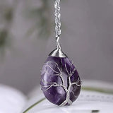 Silver Amethyst Jade Tree Of Life Pendant Necklace