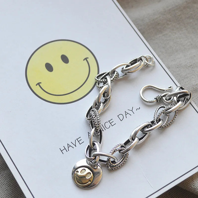 Smile Face Retro Hip Hop 925 Sterling Silver Bracelet Jewelry