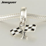 Sterling Silver Chequered Flags Enamel Charm for Jewelry Making