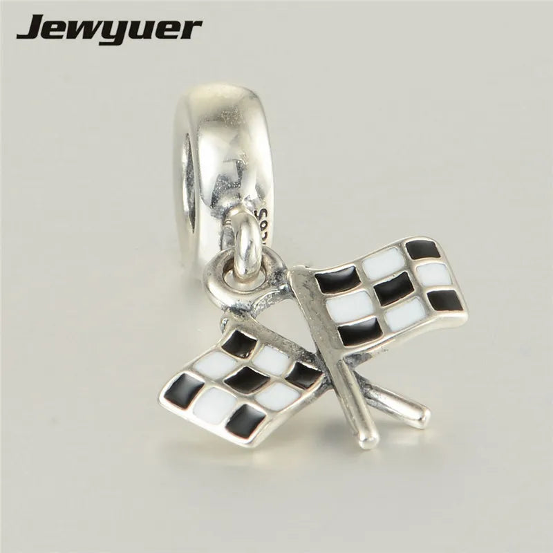 Sterling Silver Chequered Flags Enamel Charm for Jewelry Making
