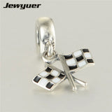 Sterling Silver Chequered Flags Enamel Charm for Jewelry Making