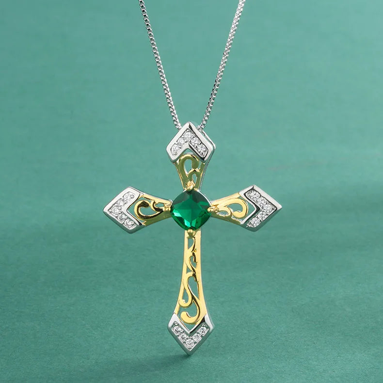 Emerald Gemstone Cross Pendant Necklace Religious Jewelry