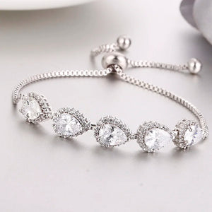 Silver Adjustable Chain Bracelet with Cubic Zirconia Water Drop Stones E152