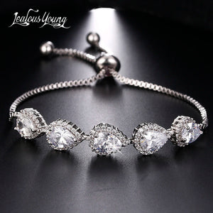 Silver Adjustable Chain Bracelet with Cubic Zirconia Water Drop Stones E152