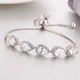 Silver Adjustable Chain Bracelet with Cubic Zirconia Water Drop Stones E152