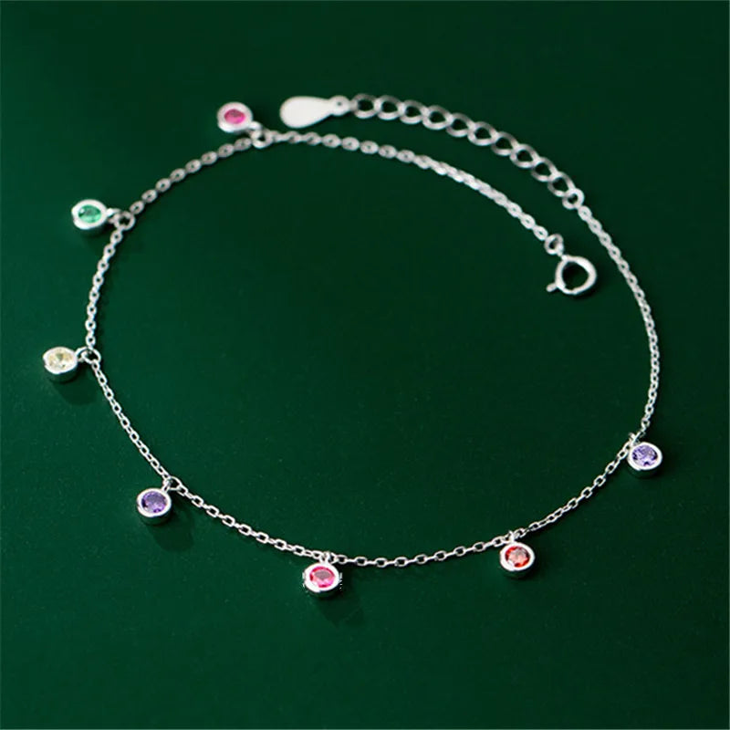 Silver Adjustable Chain Tassel Zircon Round Bead Charm Anklet