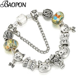 Silver Alloy Cat Beads Charm Bracelet Animal Pendant Jewelry Gift