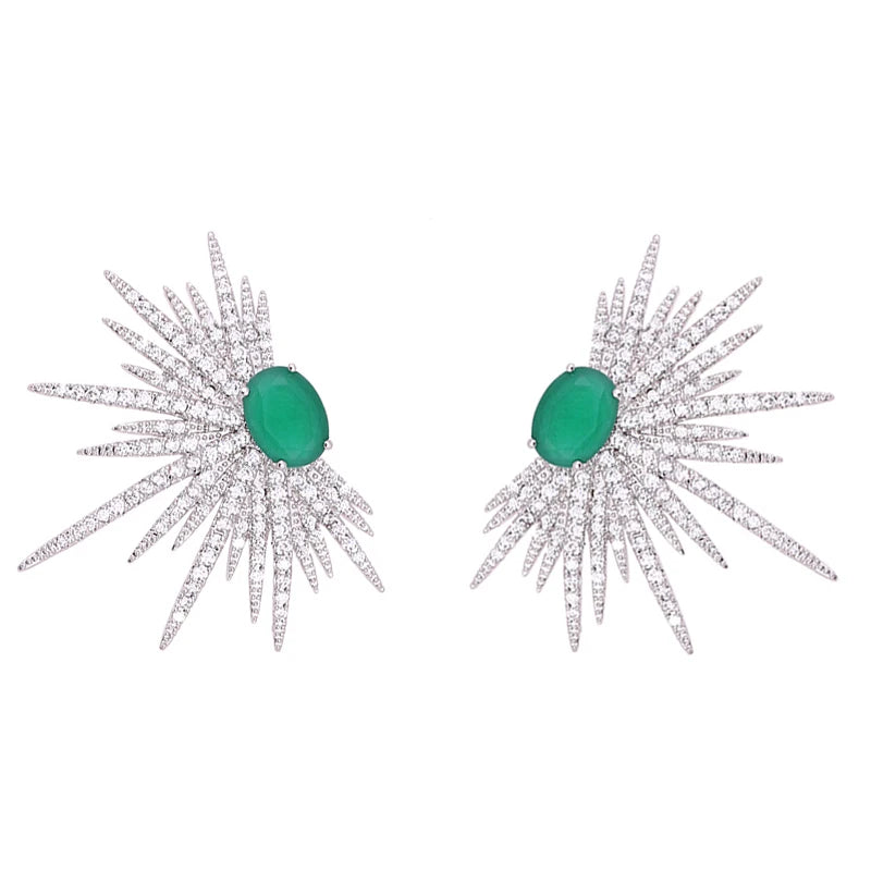 Silver Plant Stud Earrings with Zircon Stone for Women