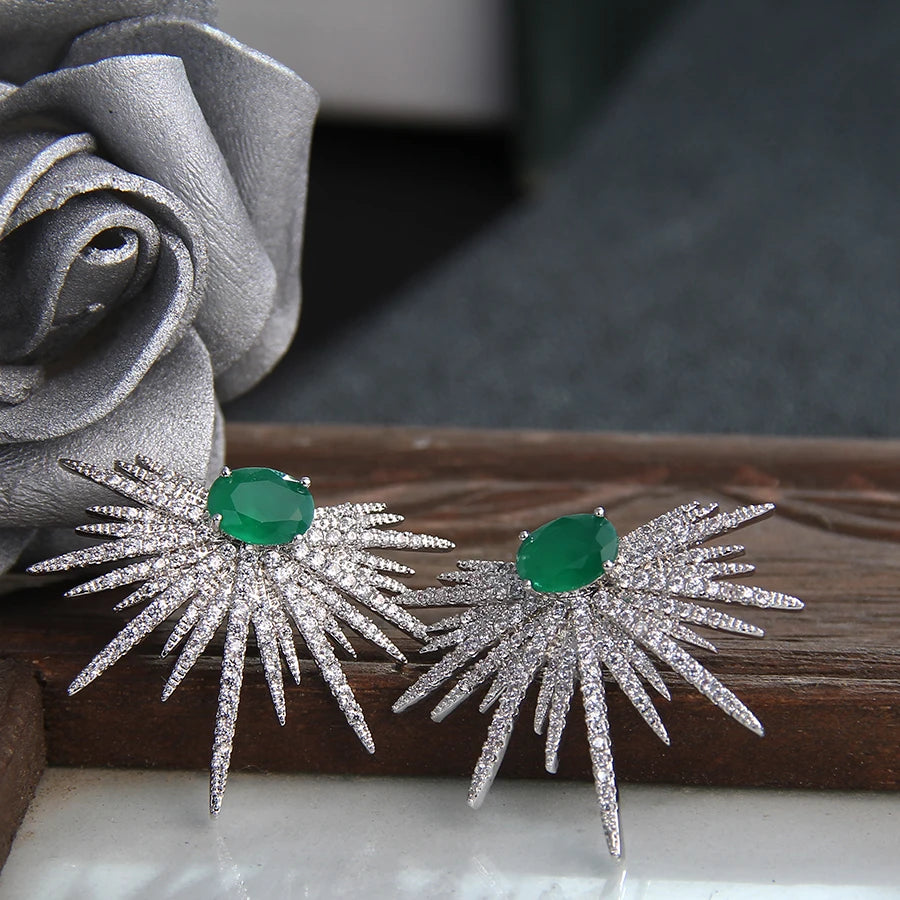 Silver Plant Stud Earrings with Zircon Stone for Women