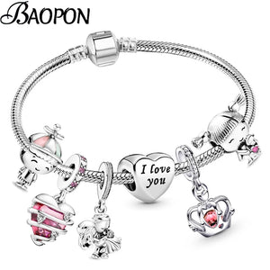 Silver Boy Girl Charm Bracelet Fiancee Crown Heart Beads Brace