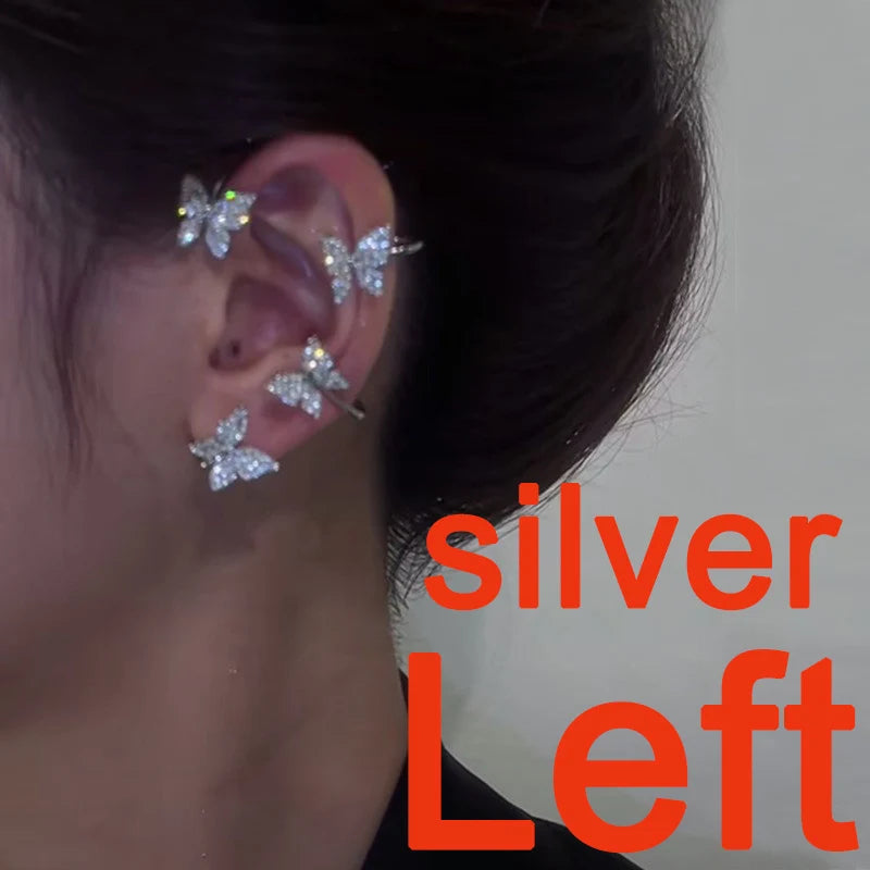 Silver Butterfly Ear Clips Earrings for Women Zircon Ear Cuff Clip