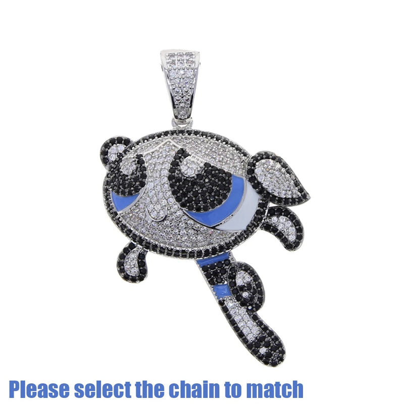 Silver Cartoon Pendant Necklace CZ Tennis Chain Iced Out Choker