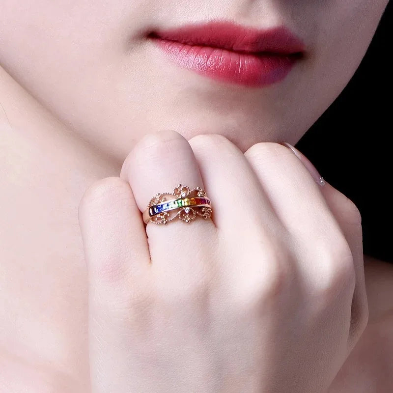 Colorful CZ Silver Crown Rings for Women Wedding Engagement Party