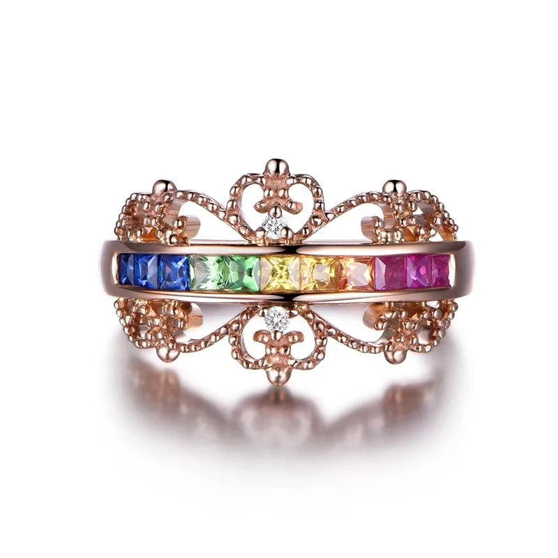 Colorful CZ Silver Crown Rings for Women Wedding Engagement Party