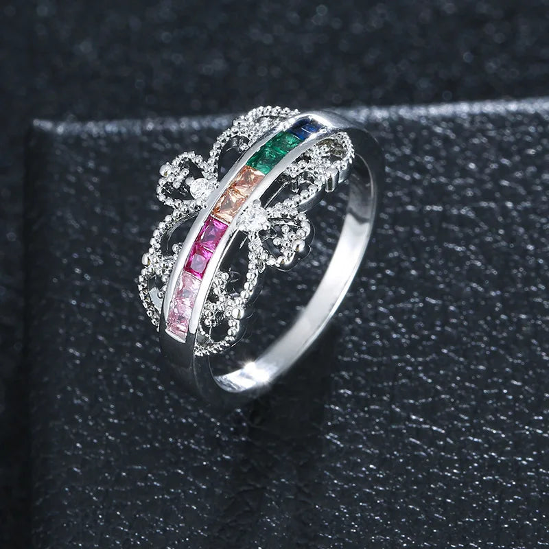 Colorful CZ Silver Crown Rings for Women Wedding Engagement Party