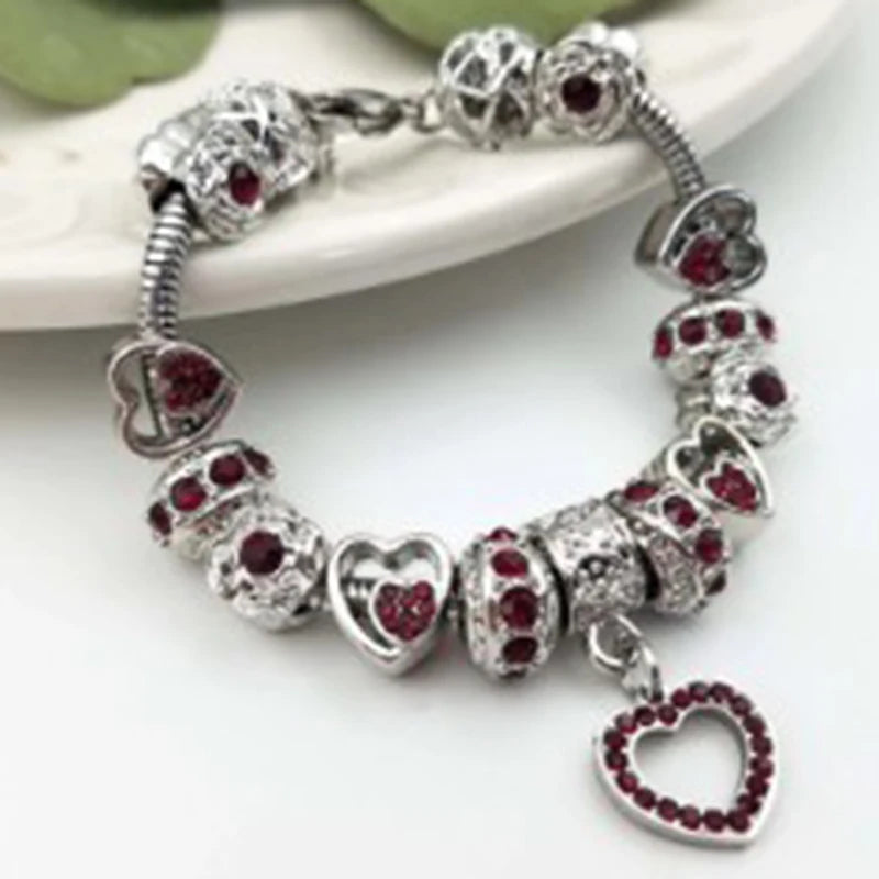 Silver Crystal Beads Charm Bracelet With Love Pendant