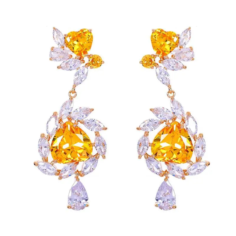 Yellow CZ Crystal Drop Earrings for Women Wedding Engagement Bridal Jewelry