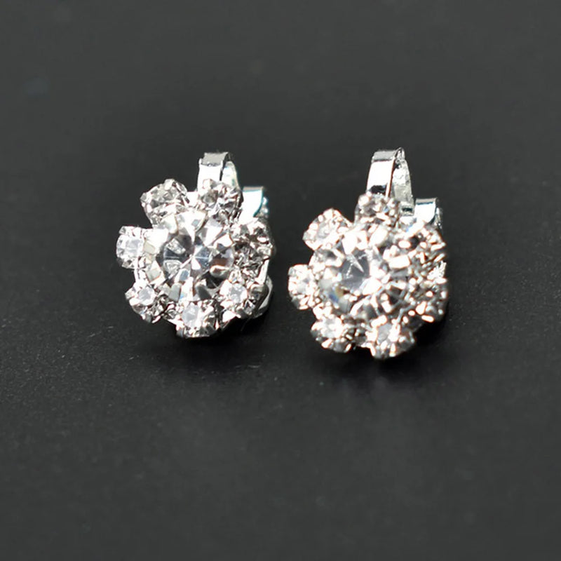 Silver Crystal Flower Heart Clip Earrings Non Pierced Floral Jewelry