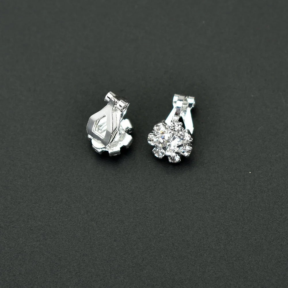 Silver Crystal Flower Heart Clip Earrings Non Pierced Floral Jewelry