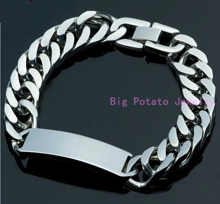 Mens Silver Cuban Link Chain ID Bracelet 22cm*15MM