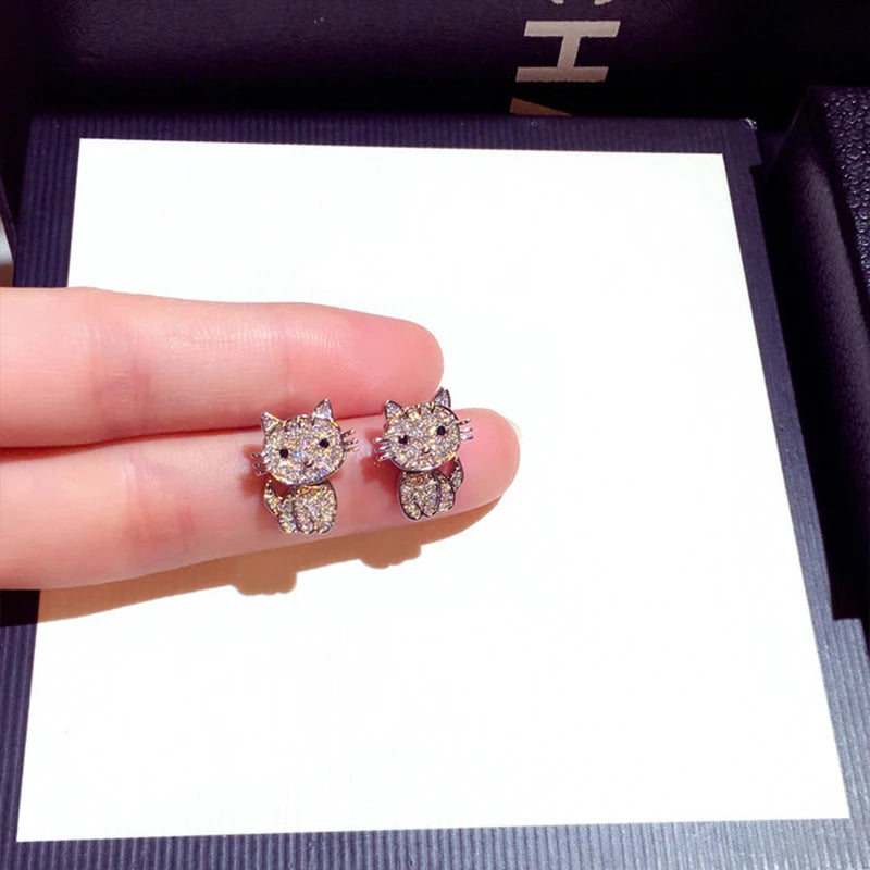 Silver Cat Stud Earrings For Women - Hypoallergenic Bling Jewelry