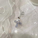 Silver CZ Cross Pendant Necklace Long Chain Wedding Jewelry