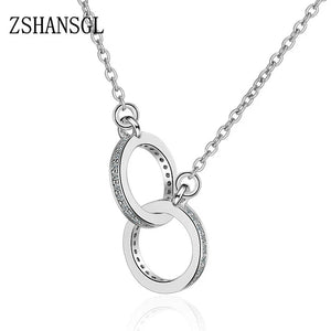Silver Double Circle CZ Zirconia Necklaces for Women Long Chain Gift
