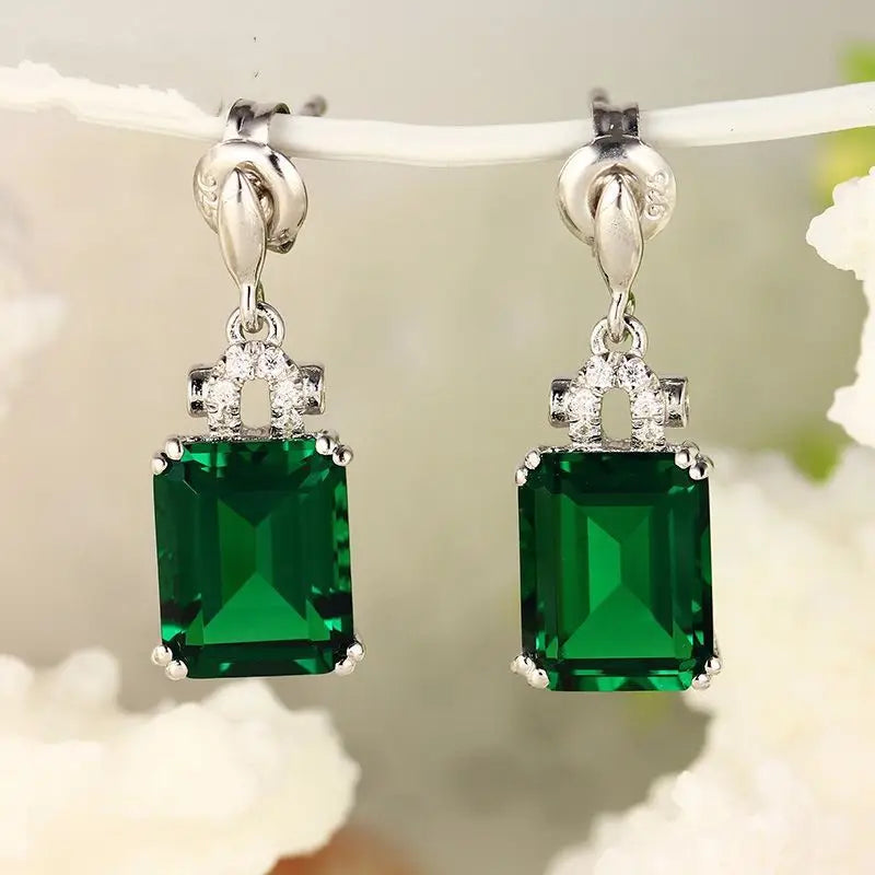 Lab Emerald CZ Drop Earrings Crystal Wedding Jewelry