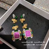 Square Pink CZ Stone Tassel Long Earring Dangle Wedding Jewelry Gift