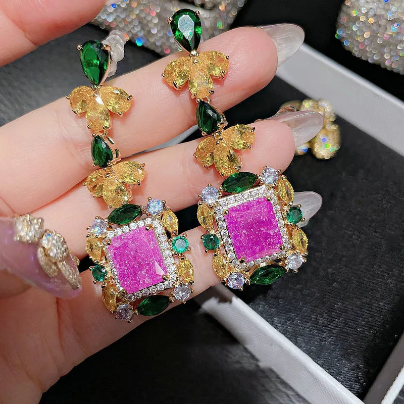 Square Pink CZ Stone Tassel Long Earring Dangle Wedding Jewelry Gift