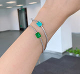 Women's Silver Bracelet with Paraiba Tourmaline Lab Emerald Stone Charm