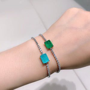 Women's Silver Bracelet with Paraiba Tourmaline Lab Emerald Stone Charm