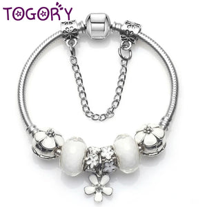 Silver Flower Pendant Charm Bracelet with Snake Chain Bangle for Women