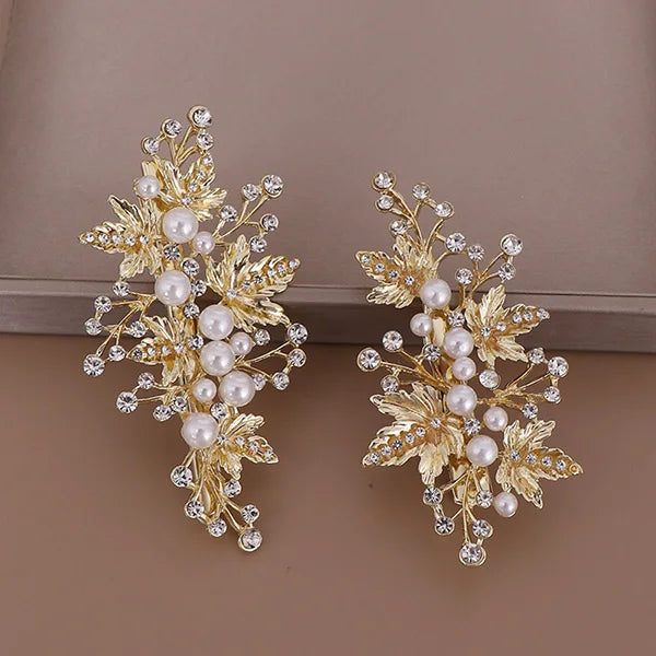 Silver Pearls Crystal Hair Pin Clip Leaf Rhinestone Women Hair Jewelry