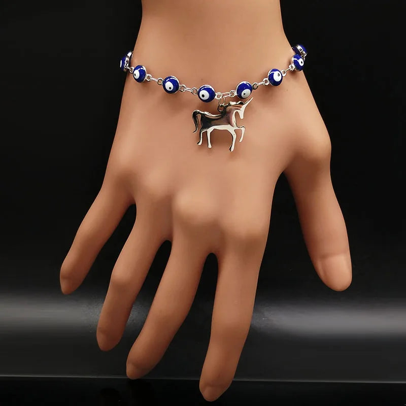 Silver Horse Stainless Steel Evil Eye Bracelet Jewelry Bracciali Donna