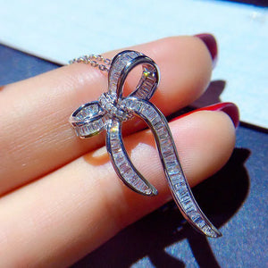 Silver Necklace Bow Knot Zircon Pendant Choker Bridal Jewelry