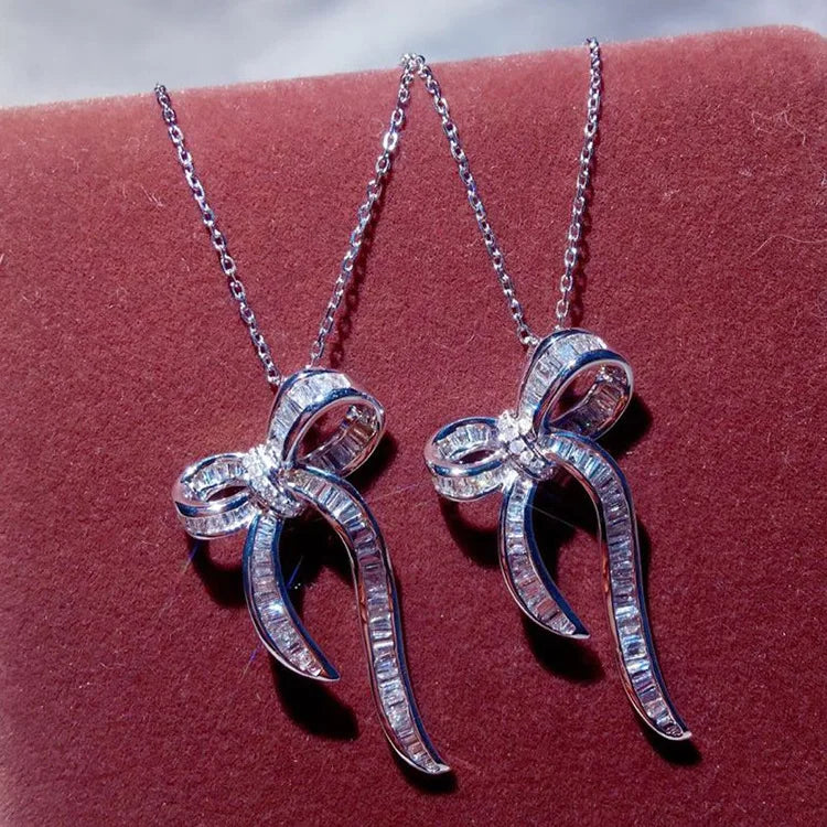 Silver Necklace Bow Knot Zircon Pendant Choker Bridal Jewelry