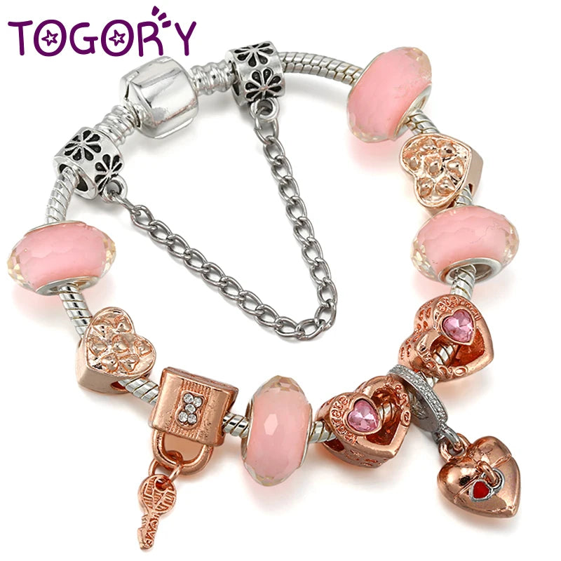 Silver Key Pendant Charm Bracelet Heart Beads Women Men Girls Jewelry Gift