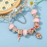 Silver Key Pendant Charm Bracelet Heart Beads Women Men Girls Jewelry Gift