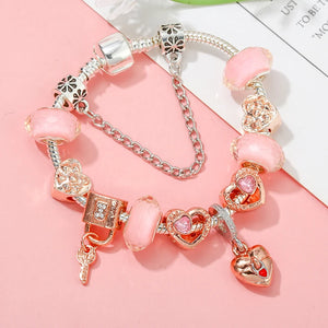 Silver Key Pendant Charm Bracelet Heart Beads Women Men Girls Jewelry Gift