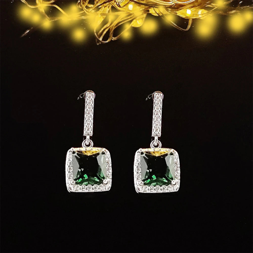 Silver Dangle Drop Long Earring Green Red Wedding Christmas Jewelry